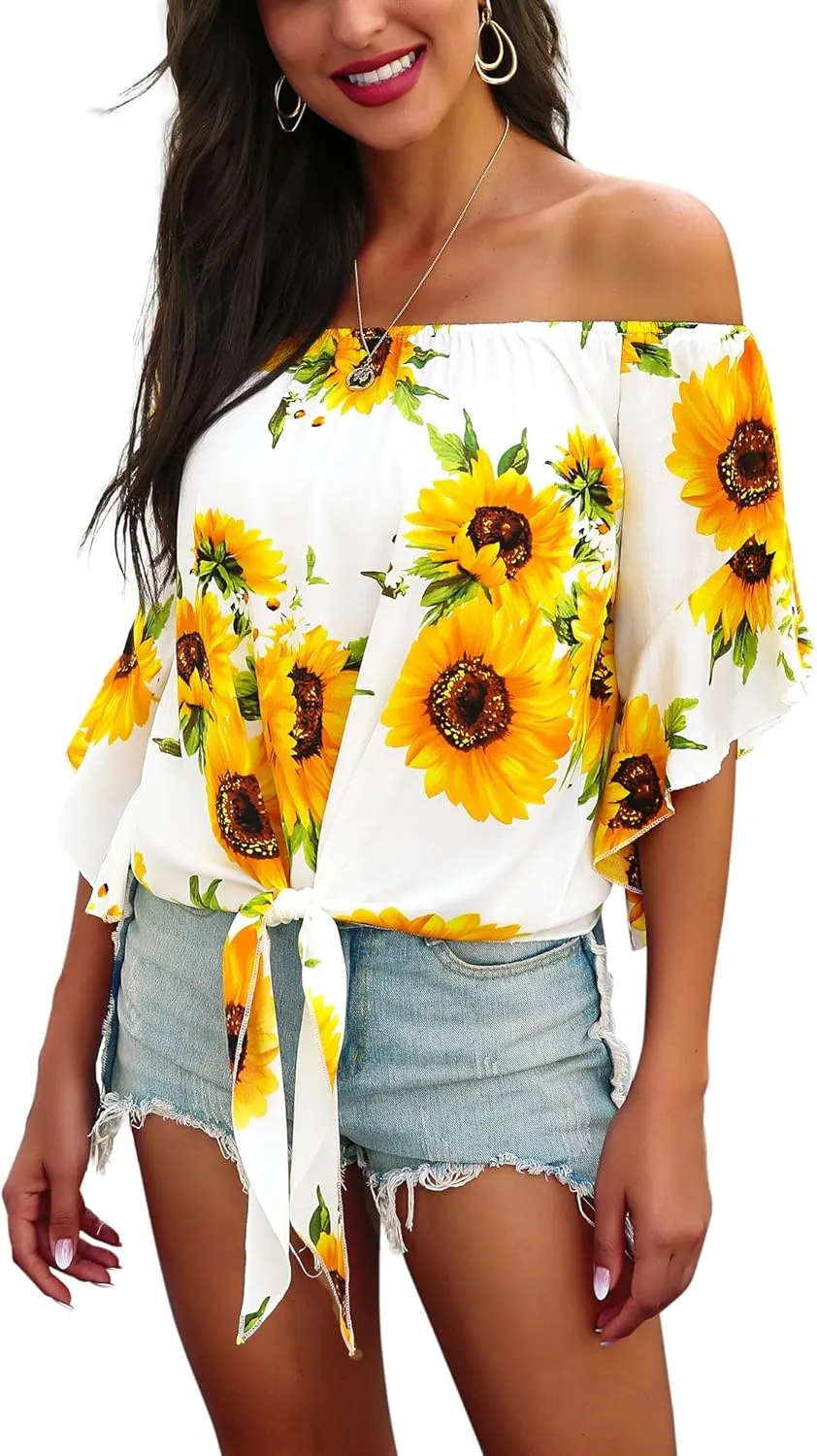 Hibluco Womens Off Shoulder Tops Sexy Floral Print Crop Tops Summer Blouses T-Shirt