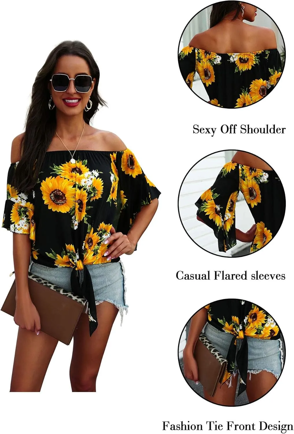Hibluco Womens Off Shoulder Tops Sexy Floral Print Crop Tops Summer Blouses T-Shirt