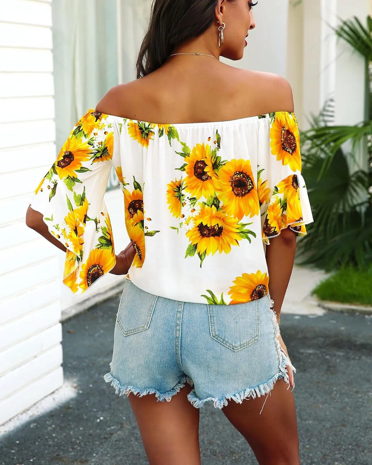 Hibluco Womens Off Shoulder Tops Sexy Floral Print Crop Tops Summer Blouses T-Shirt