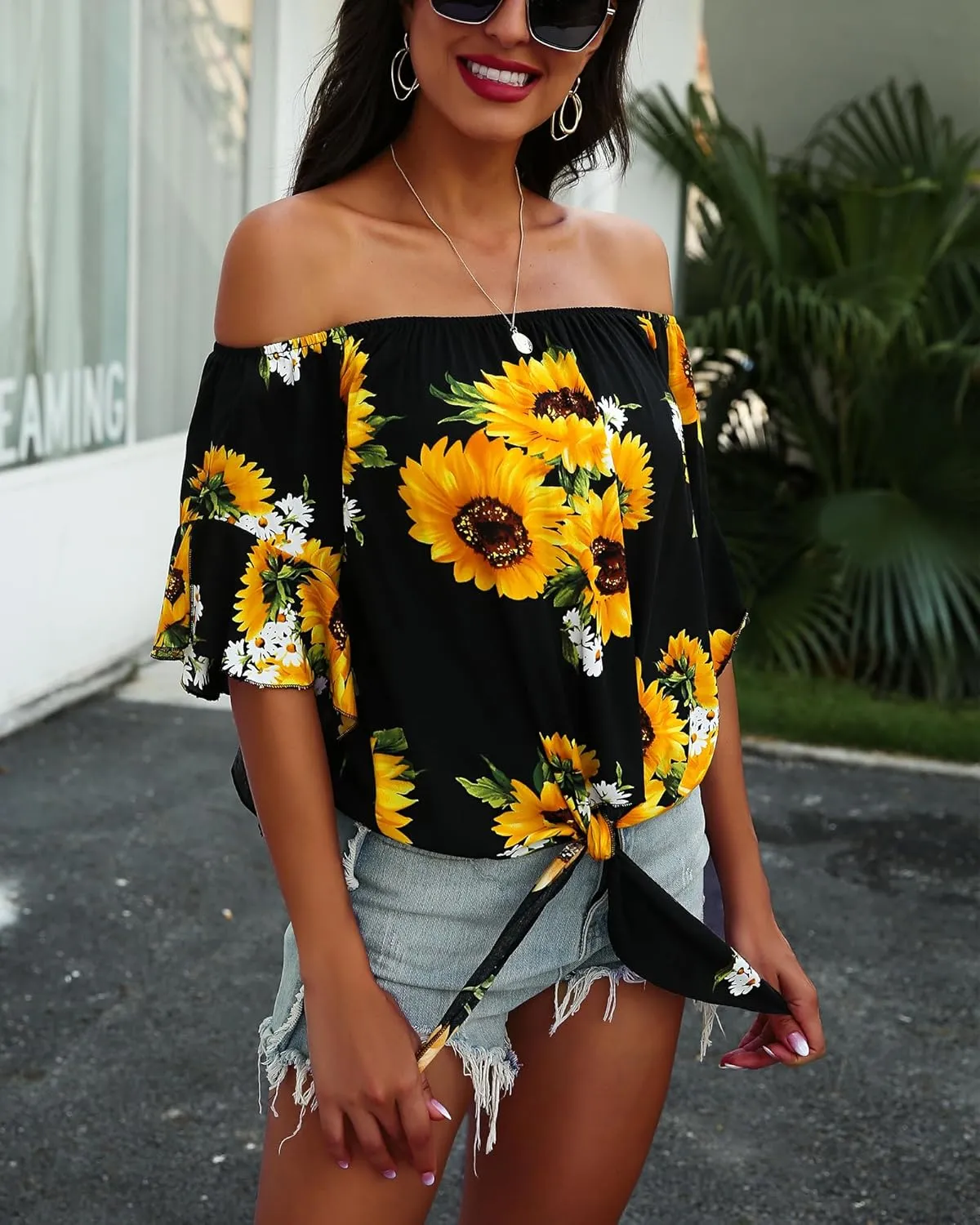 Hibluco Womens Off Shoulder Tops Sexy Floral Print Crop Tops Summer Blouses T-Shirt