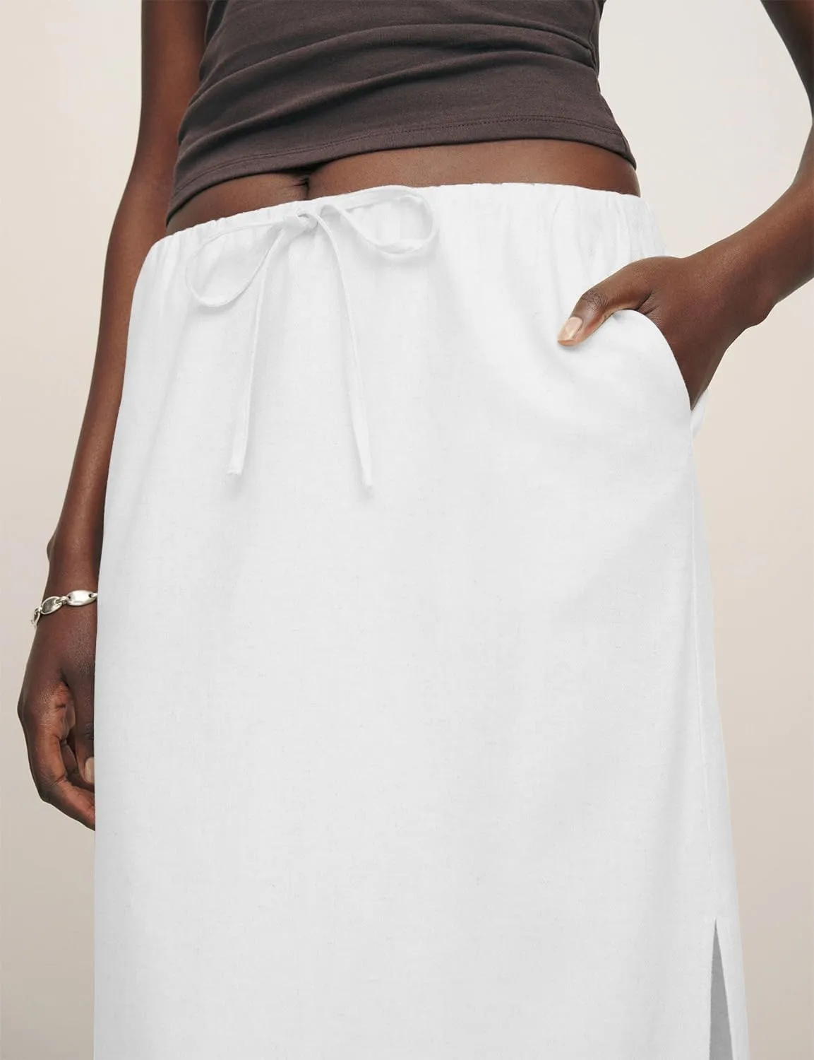 IDEALSANXUN Womens Cotton Linen Skirts Trendy Elastic Waist Drawstring Long Skirts with Slit
