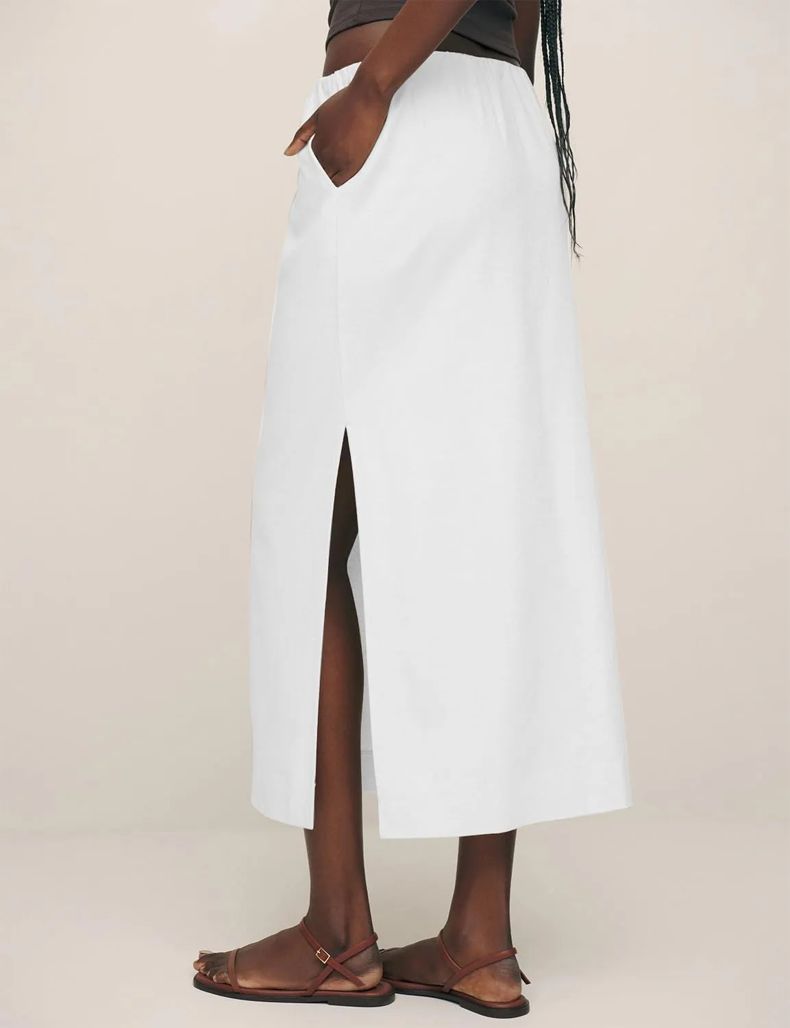 IDEALSANXUN Womens Cotton Linen Skirts Trendy Elastic Waist Drawstring Long Skirts with Slit