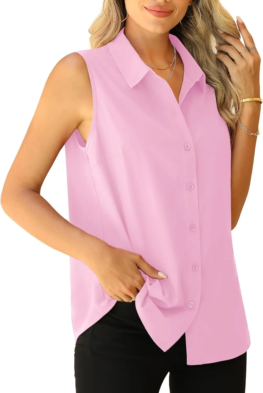 Jouica Womens Sleeveless Blouses Button Down Collared Shirts for Work Casual V Neck Tank Tops