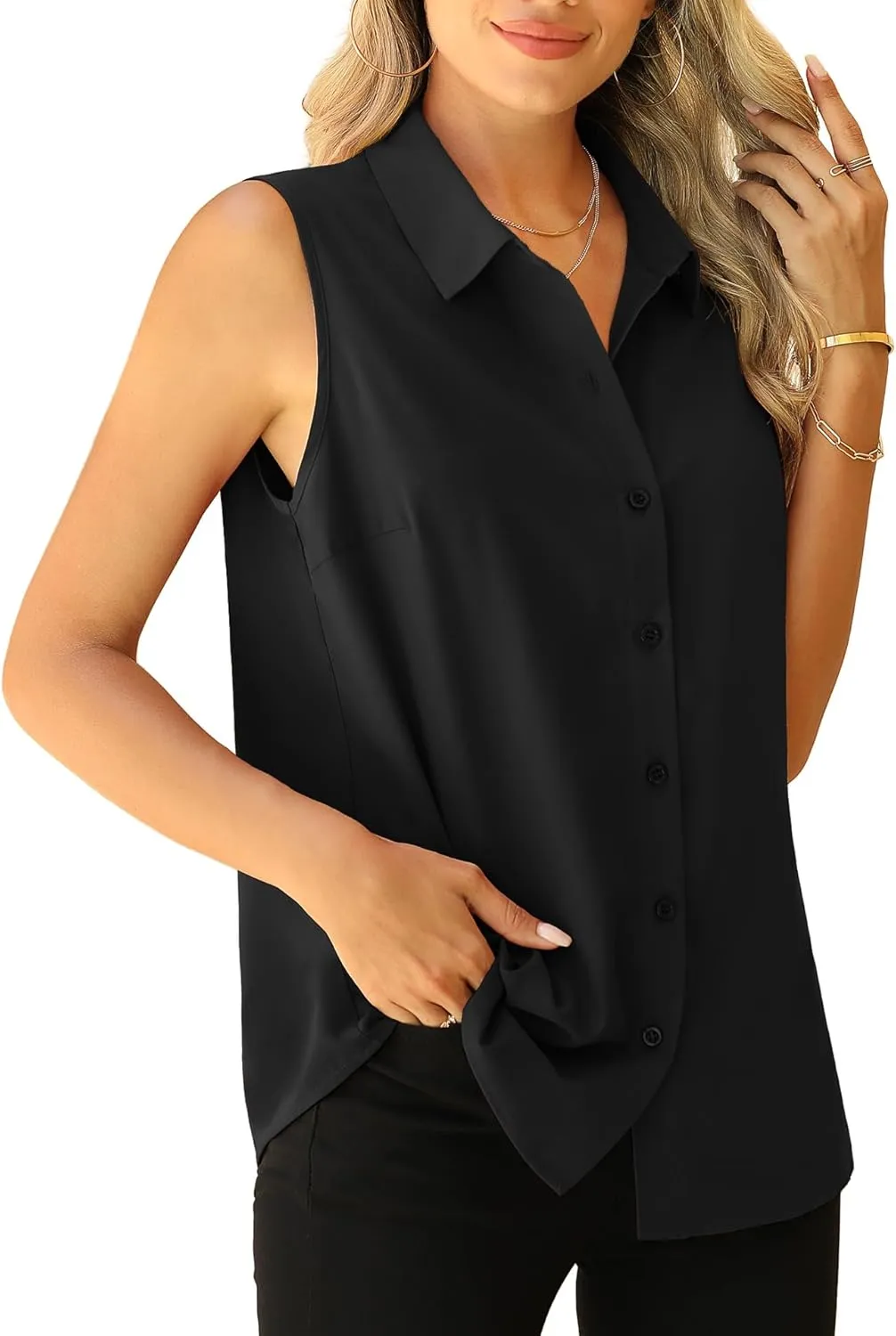 Jouica Womens Sleeveless Blouses Button Down Collared Shirts for Work Casual V Neck Tank Tops