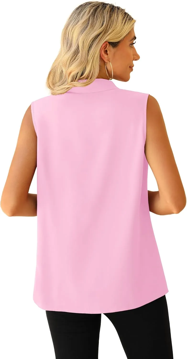 Jouica Womens Sleeveless Blouses Button Down Collared Shirts for Work Casual V Neck Tank Tops