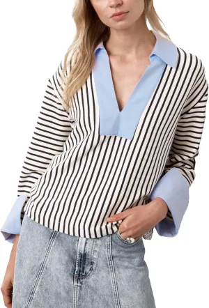 Kedera Women's Oversized Striped Sweatshirts V Neck Long Sleeve Polo Shirts Collared Sweater Work Business Casual Top