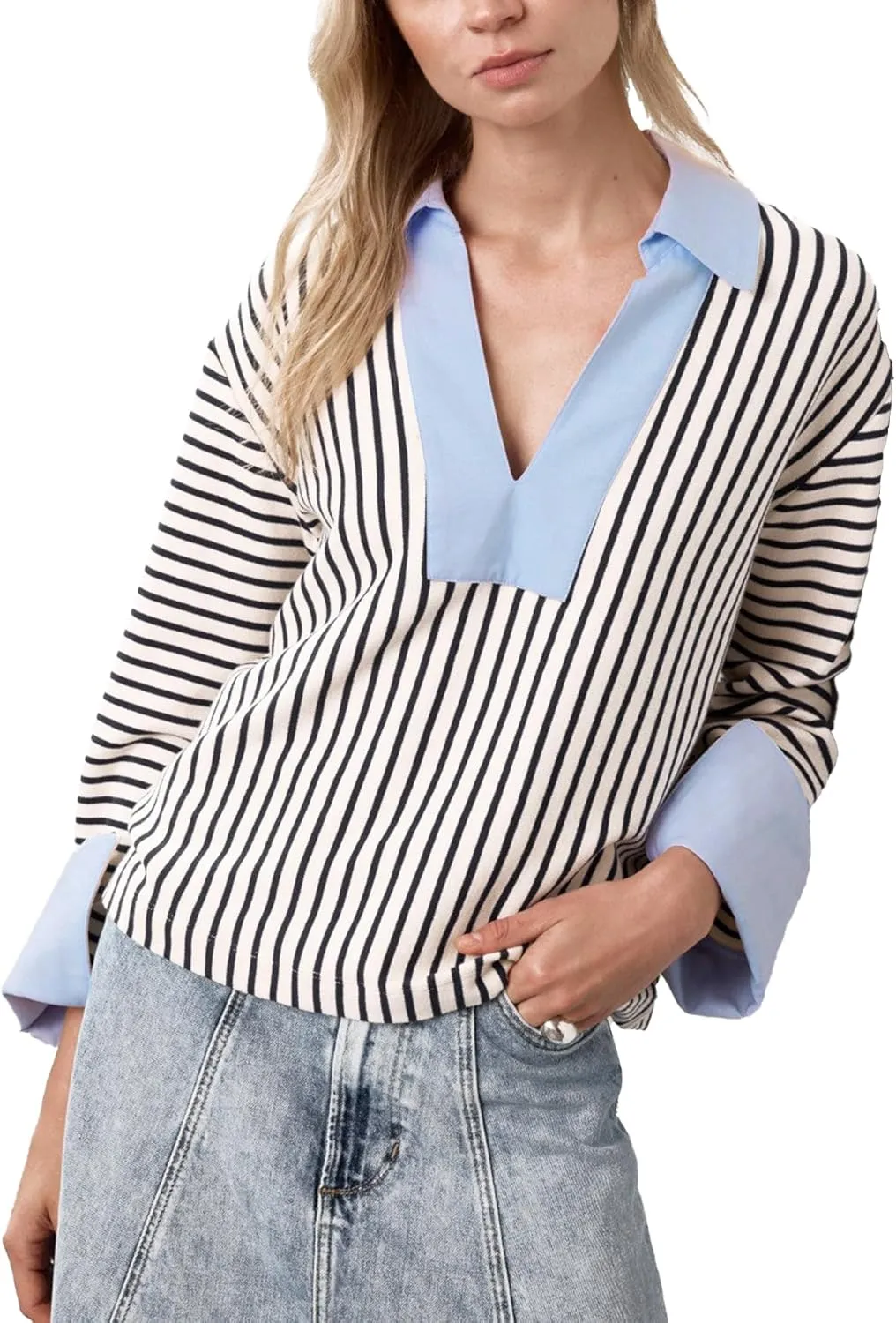Kedera Women's Oversized Striped Sweatshirts V Neck Long Sleeve Polo Shirts Collared Sweater Work Business Casual Top