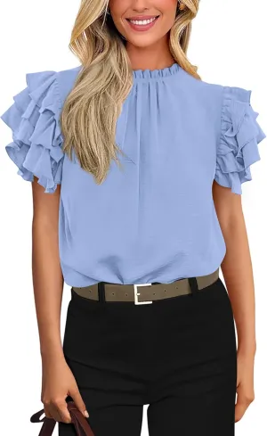 KIRUNDO Womens Blouse 2025 Spring Summer Dressy Casual Ruffle Short Sleeve Frill Mock Neck Work Shirt Tops Fashion Clothing