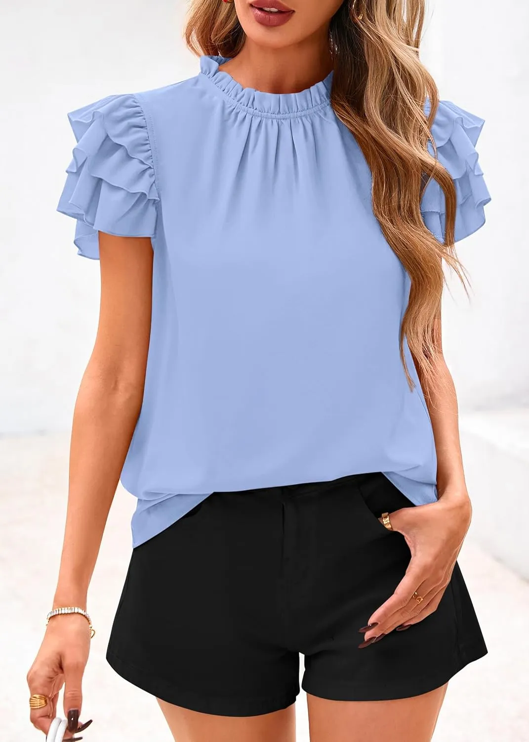 KIRUNDO Womens Blouse 2025 Spring Summer Dressy Casual Ruffle Short Sleeve Frill Mock Neck Work Shirt Tops Fashion Clothing