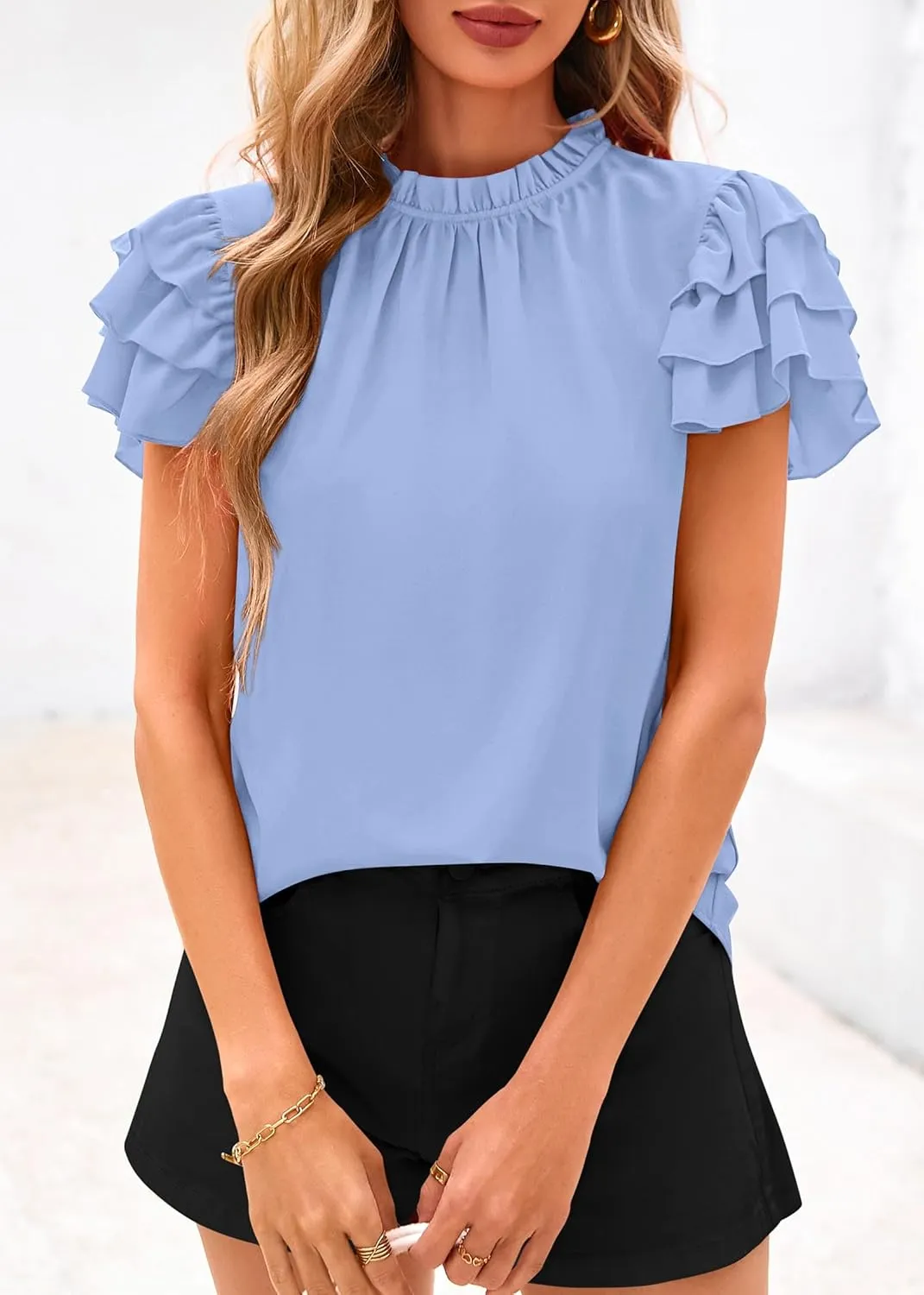 KIRUNDO Womens Blouse 2025 Spring Summer Dressy Casual Ruffle Short Sleeve Frill Mock Neck Work Shirt Tops Fashion Clothing