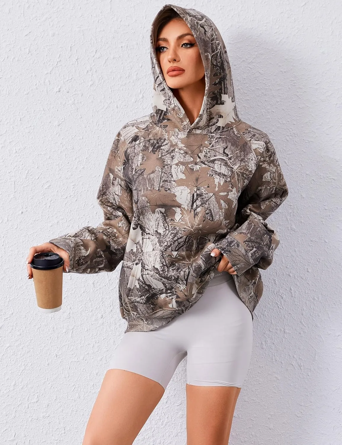 Lauweion Women Solid Basic Fleece Letter Loose Hoodie Sweatshirt Long Sleeve Kangaroo Pocket Drop Shoulder Pullovers Top