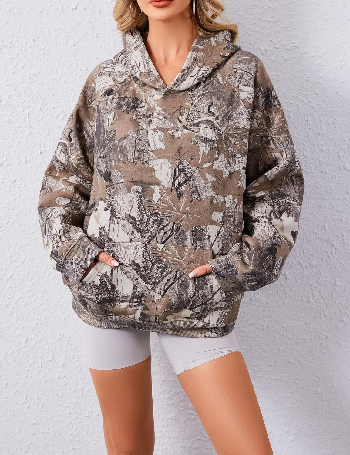 Lauweion Women Solid Basic Fleece Letter Loose Hoodie Sweatshirt Long Sleeve Kangaroo Pocket Drop Shoulder Pullovers Top