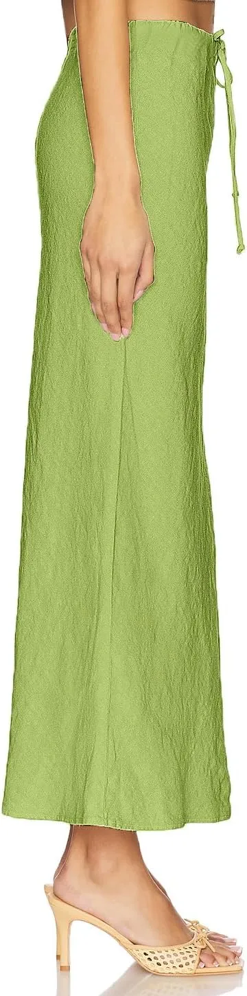 Linen Maxi Skirts with Lining Drawstring Flowy Flared Long Skirts for Women