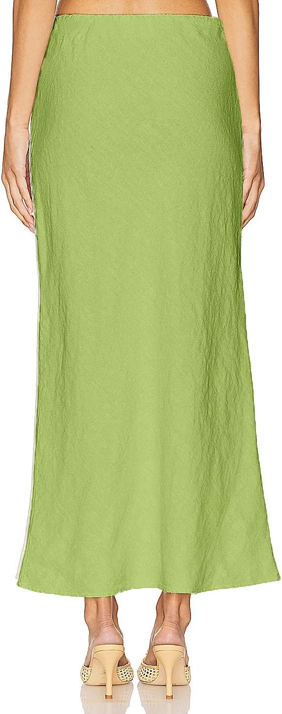Linen Maxi Skirts with Lining Drawstring Flowy Flared Long Skirts for Women