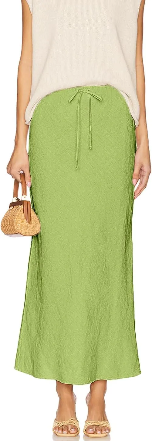 Linen Maxi Skirts with Lining Drawstring Flowy Flared Long Skirts for Women