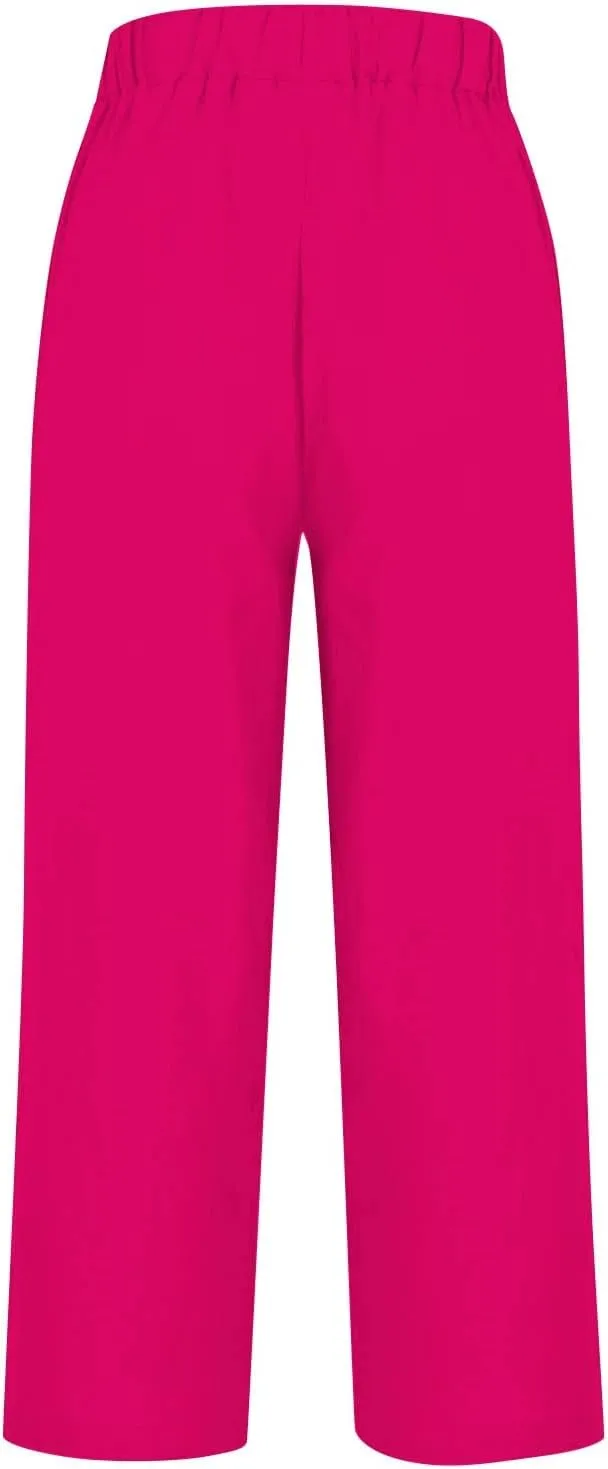 Linen Pants for Women Summer Elastic Drawstring Waist Straight Slit Leg Plus Size Crop Button Beach Capri Trousers