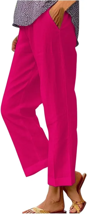 Linen Pants for Women Summer Elastic Drawstring Waist Straight Slit Leg Plus Size Crop Button Beach Capri Trousers
