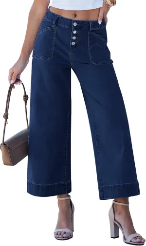 luvamia Wide Leg Jeans for Women Cropped High Waisted Trendy Button Fly Patch Pocket Stretchy Denim Pants Trousers Jeans