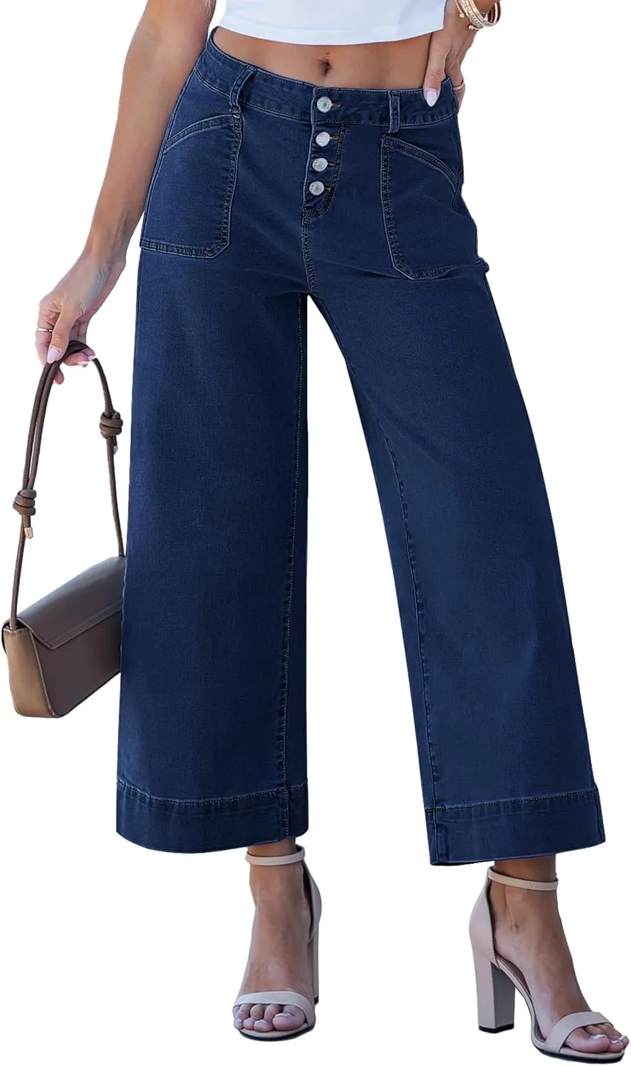 luvamia Wide Leg Jeans for Women Cropped High Waisted Trendy Button Fly Patch Pocket Stretchy Denim Pants Trousers Jeans