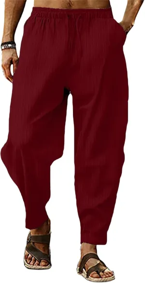 Mens Linen Harem Pants Lightweight Drawstring Elastic Waist Yoga Bagge Pants Loose Fit Summer Beach Pants for Men