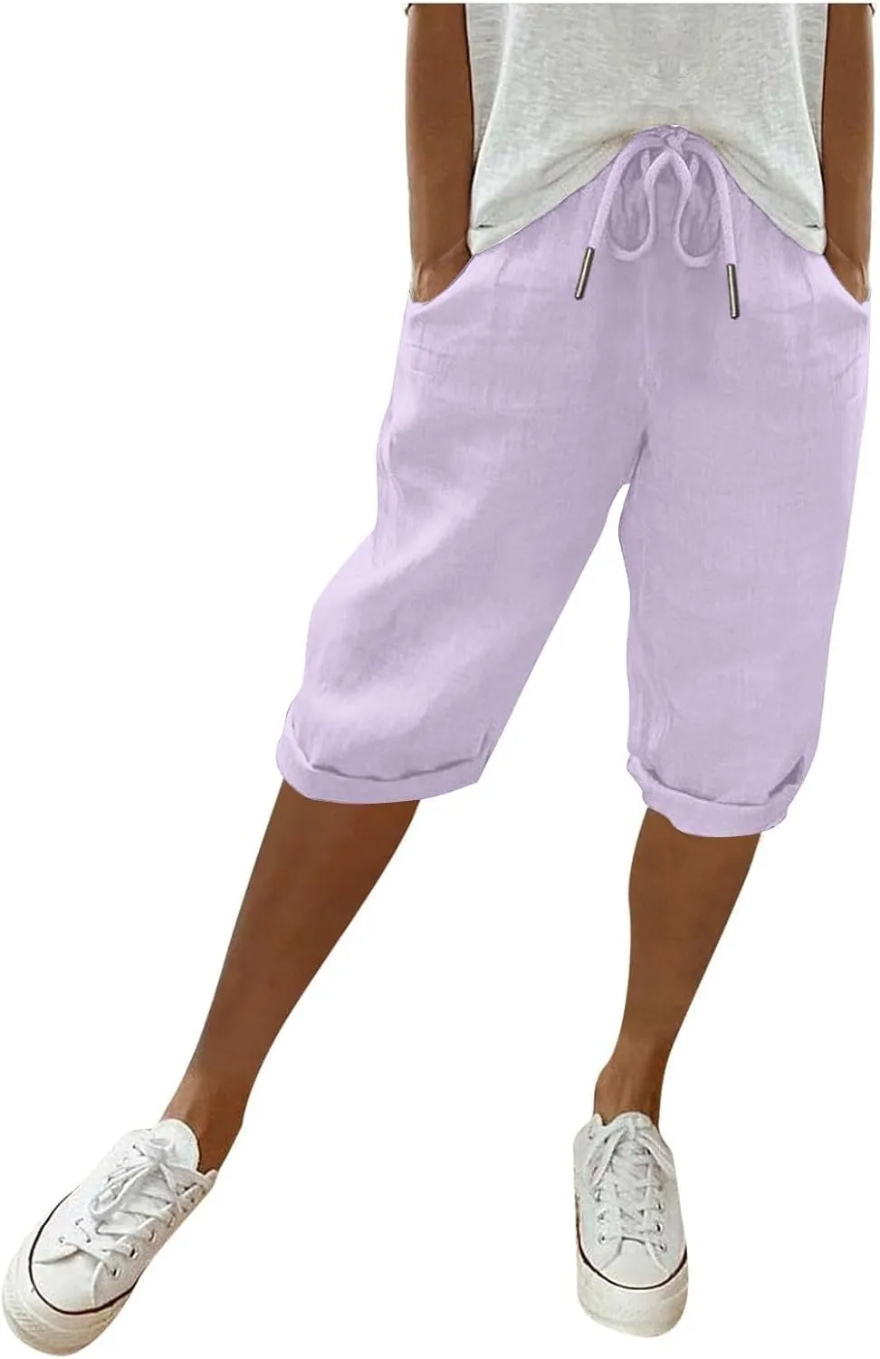 Pedal Pushers for Women Knee Length Elastic Waist Drawstring Linen Capris Pants Lightweight Summer Short