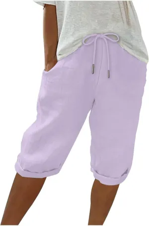 Pedal Pushers for Women Knee Length Elastic Waist Drawstring Linen Capris Pants Lightweight Summer Short