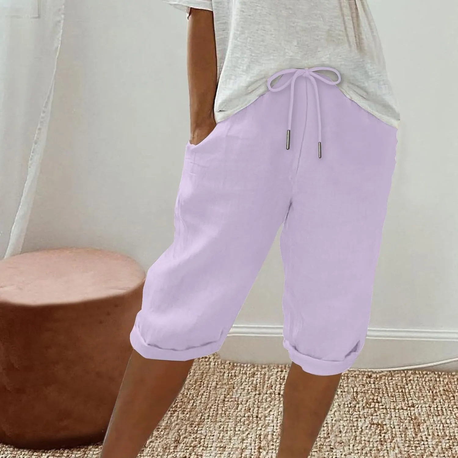 Pedal Pushers for Women Knee Length Elastic Waist Drawstring Linen Capris Pants Lightweight Summer Short