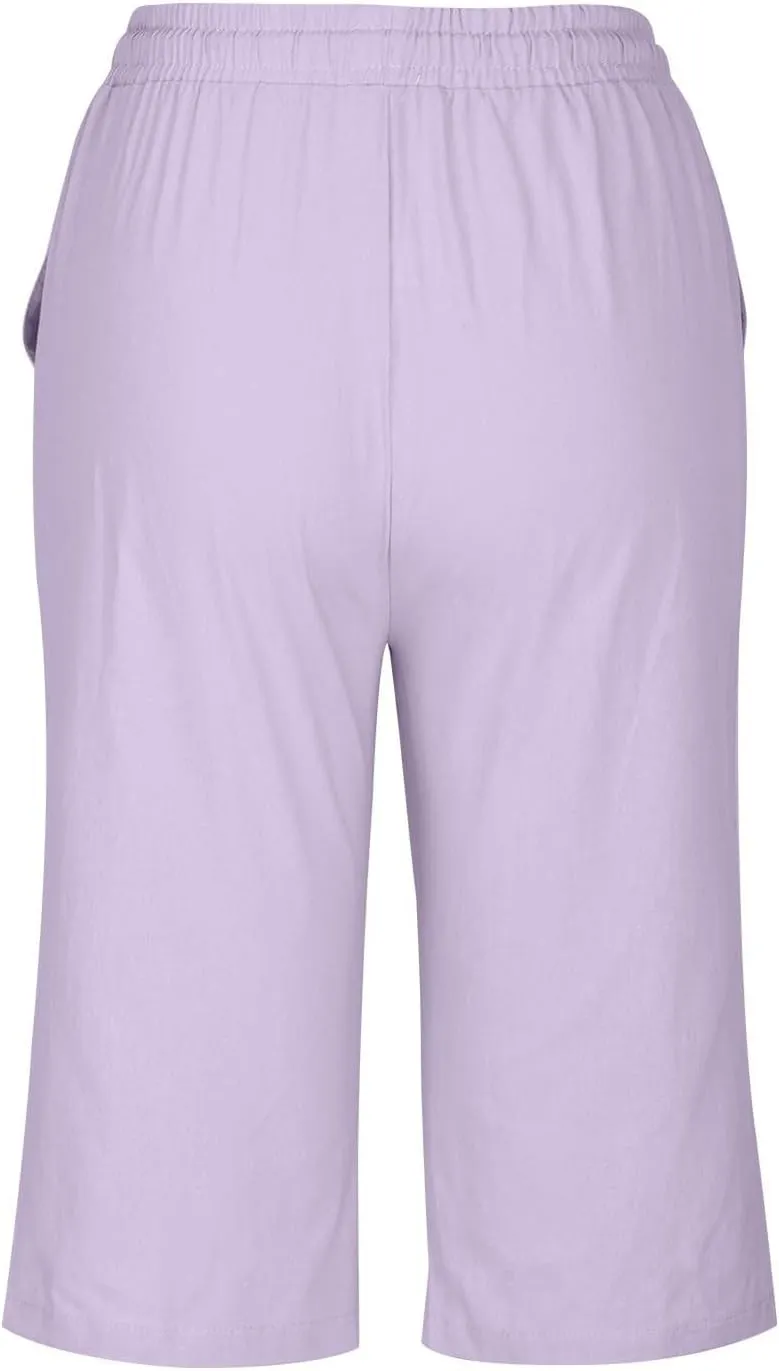 Pedal Pushers for Women Knee Length Elastic Waist Drawstring Linen Capris Pants Lightweight Summer Short