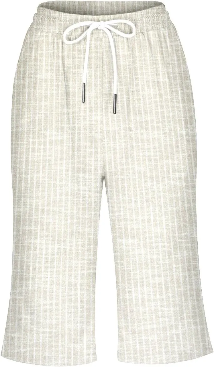 Pedal Pushers for Women Knee Length Linen Casual Striped Bermuda Shorts Summer Elastic Waisted Capris with Pocket