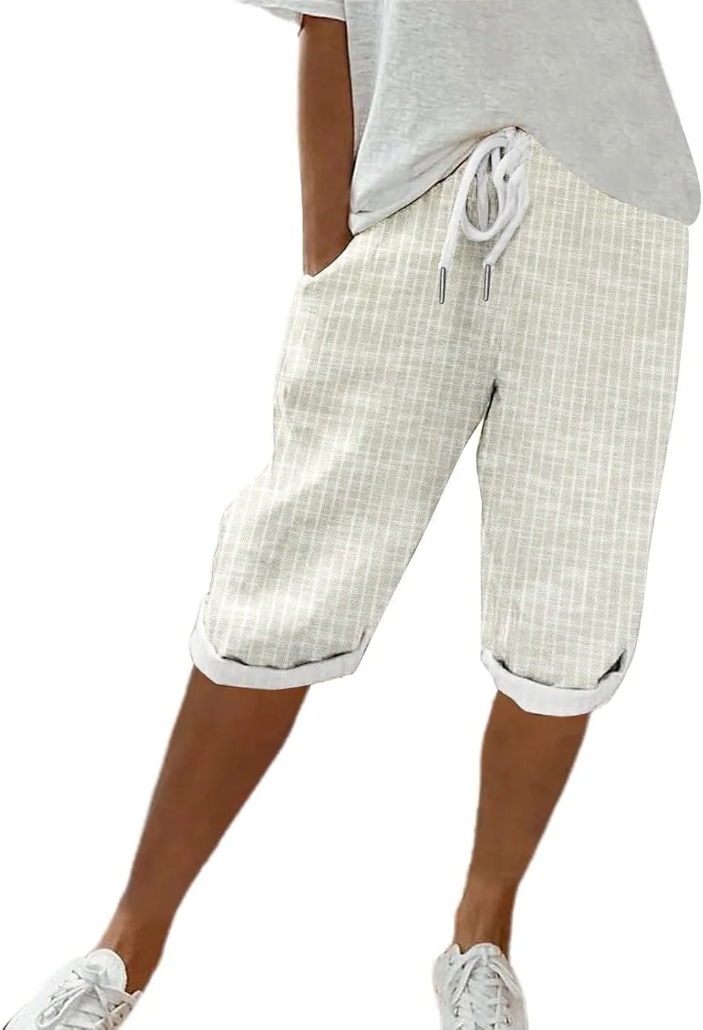 Pedal Pushers for Women Knee Length Linen Casual Striped Bermuda Shorts Summer Elastic Waisted Capris with Pocket