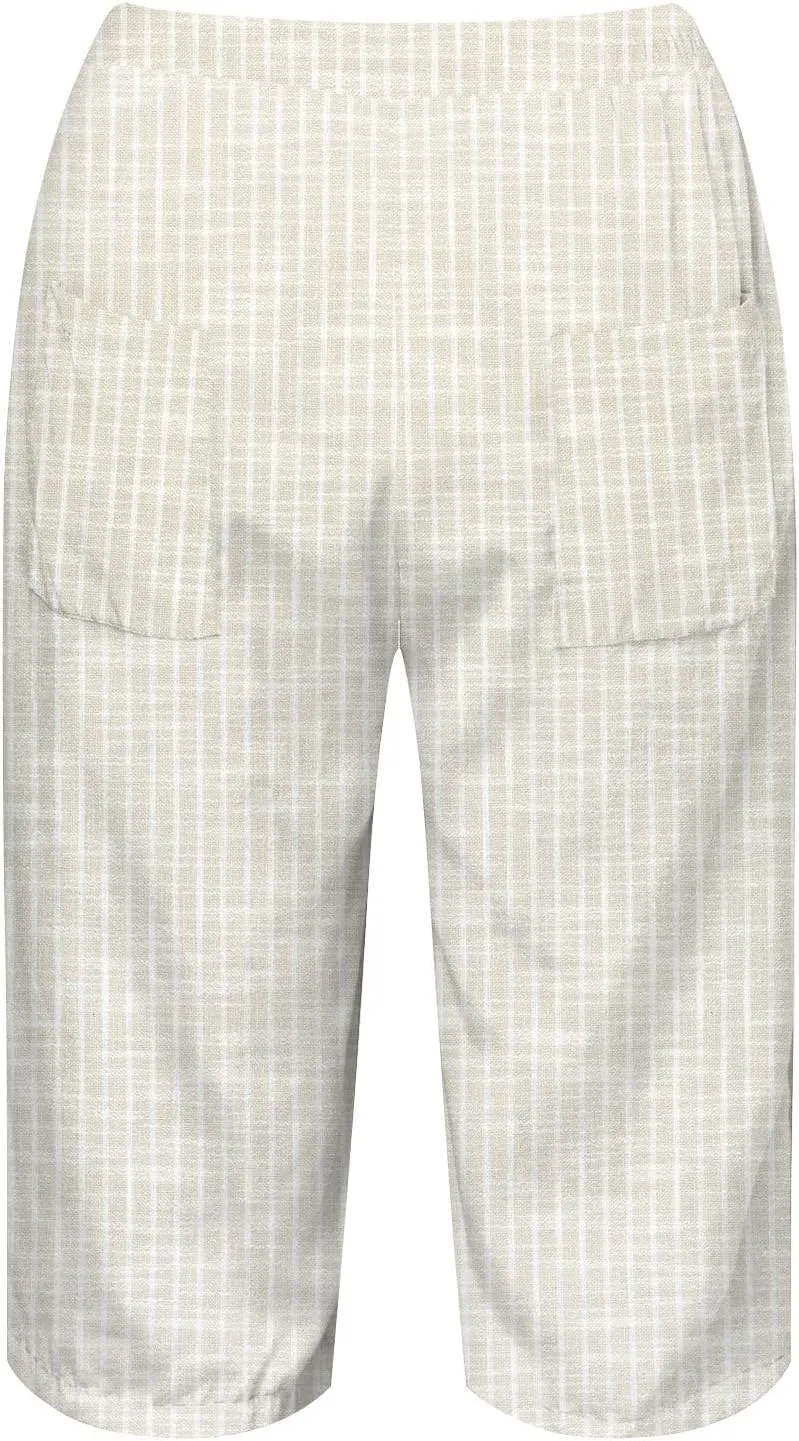 Pedal Pushers for Women Knee Length Linen Casual Striped Bermuda Shorts Summer Elastic Waisted Capris with Pocket