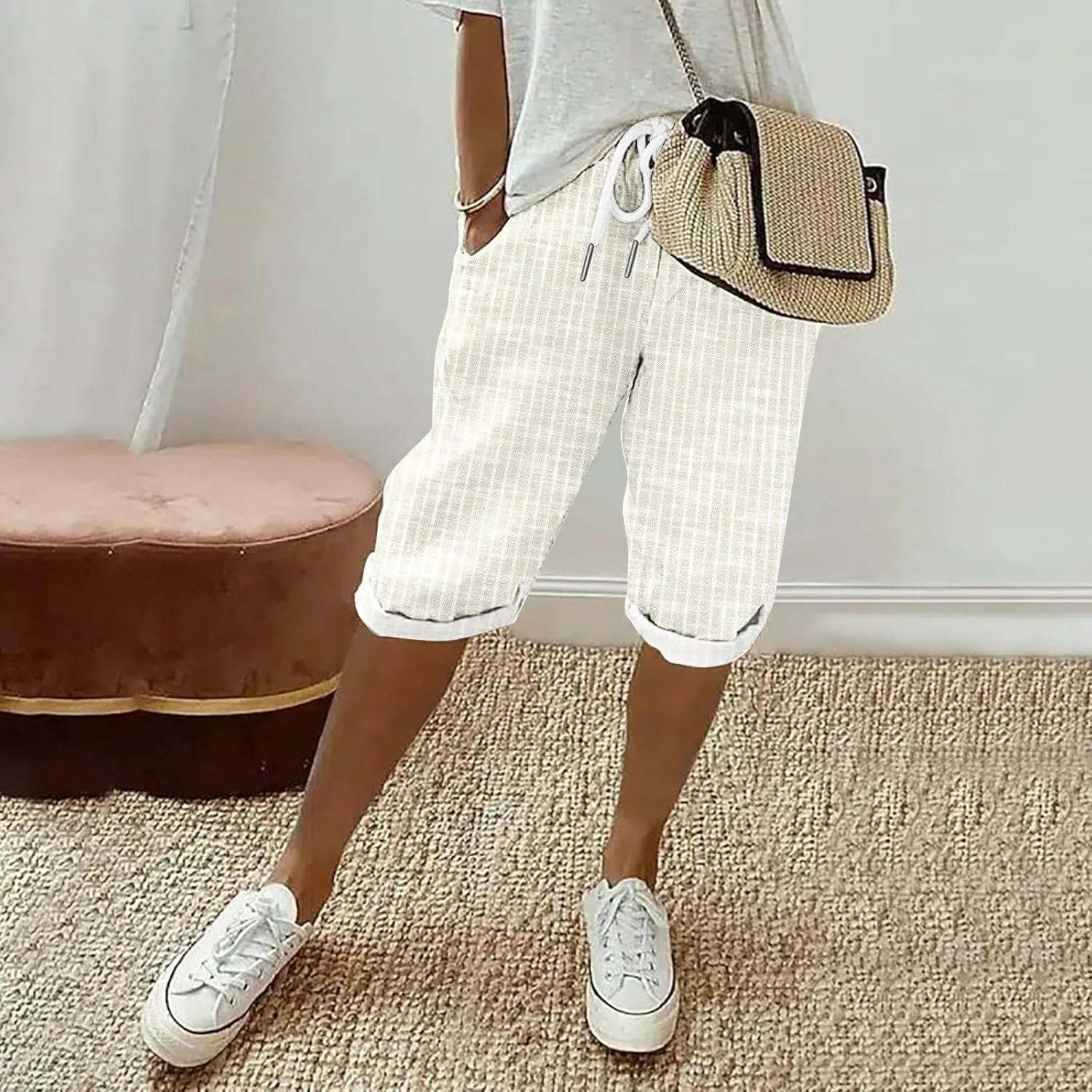 Pedal Pushers for Women Knee Length Linen Casual Striped Bermuda Shorts Summer Elastic Waisted Capris with Pocket
