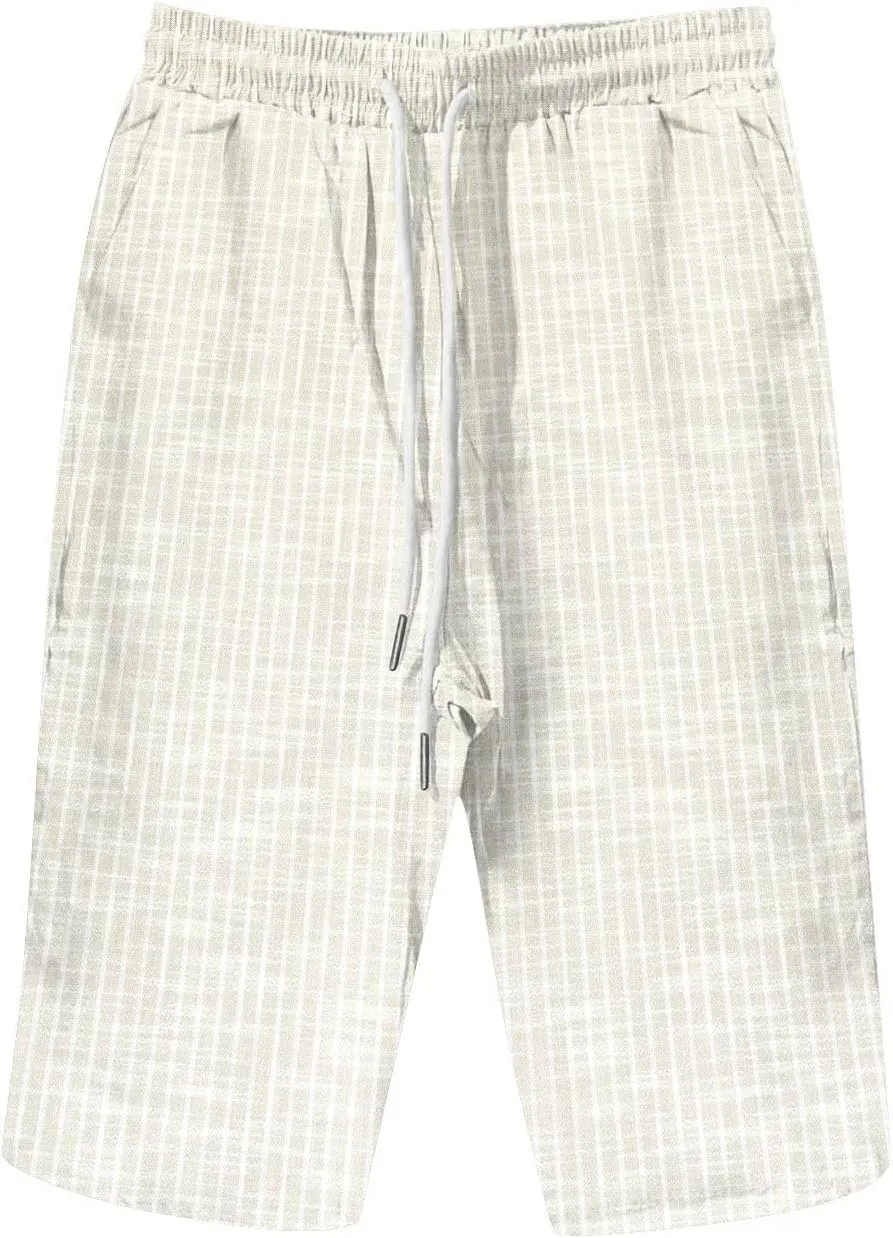 Pedal Pushers for Women Knee Length Linen Casual Striped Bermuda Shorts Summer Elastic Waisted Capris with Pocket