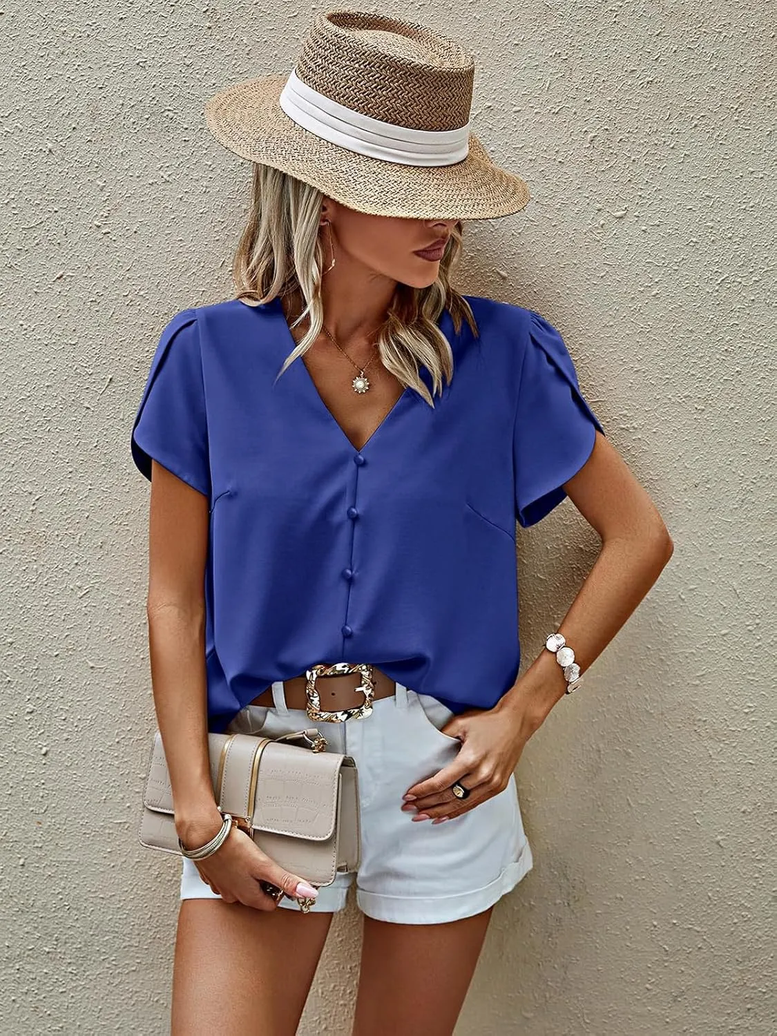 PRETTYGARDEN Short Sleeve Tops for Women 2025 Summer Spring Western Chiffon Blouses Dressy Casual Work Pearl Shirts