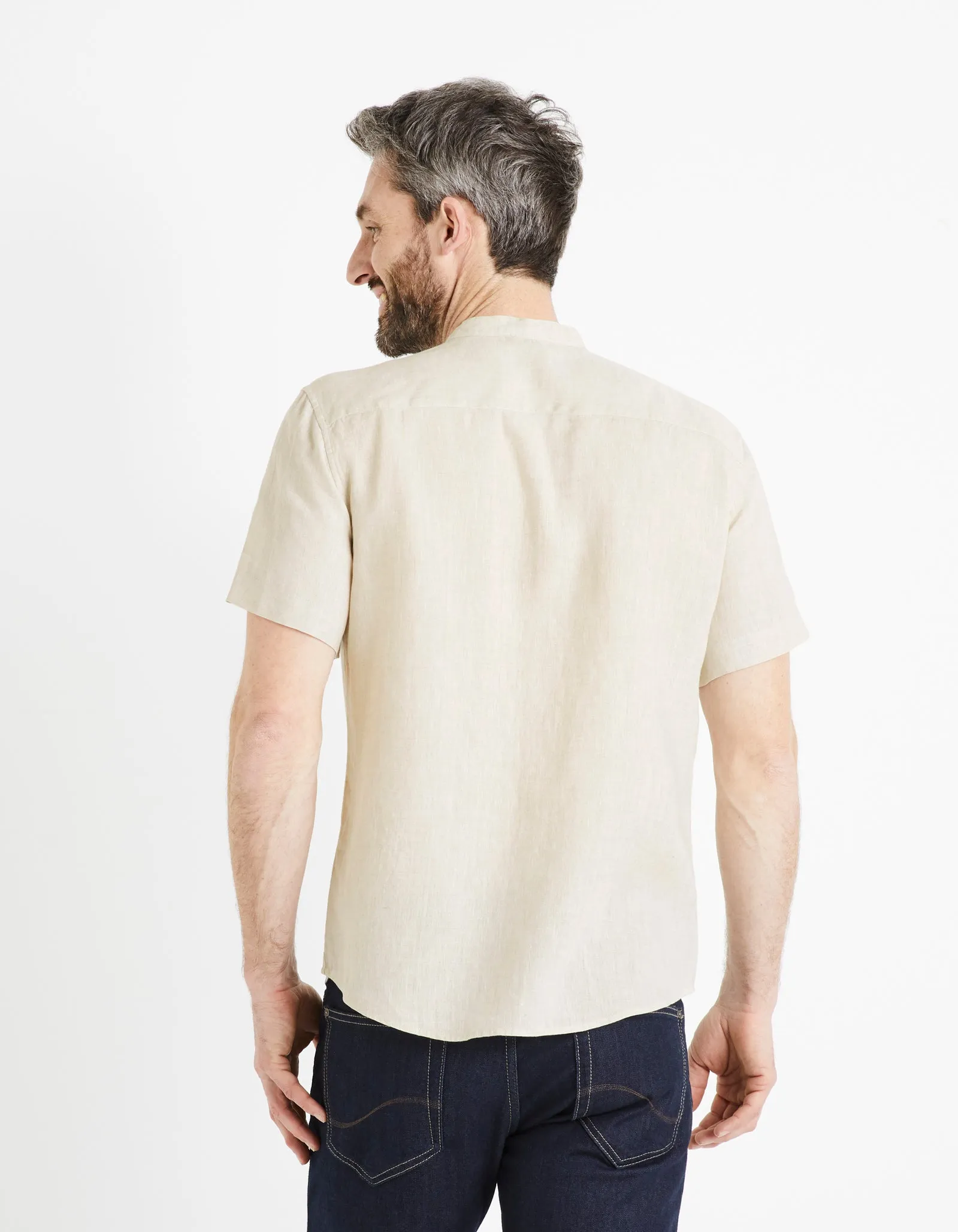 Regular shirt with mandarin collar, 100% linen