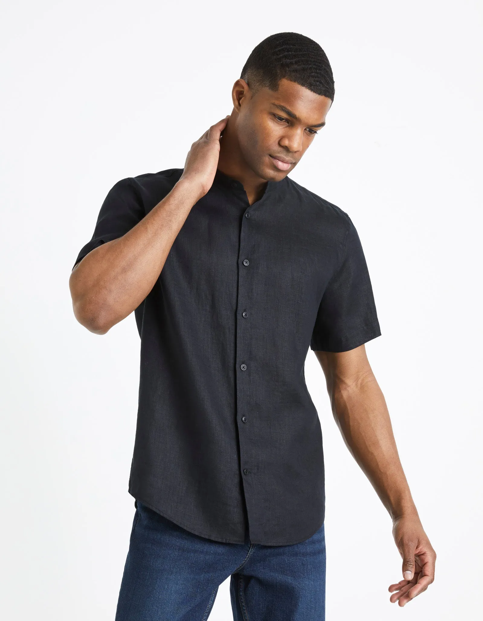 Regular shirt with mandarin collar, 100% linen