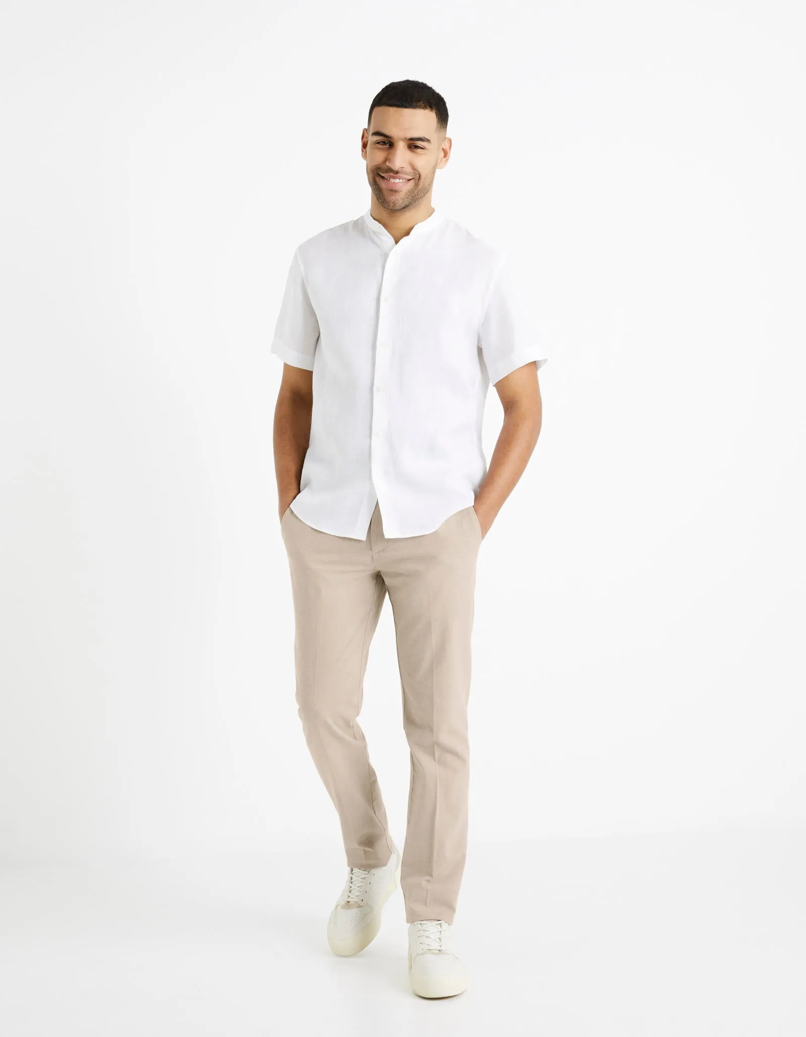 Regular shirt with mandarin collar, 100% linen