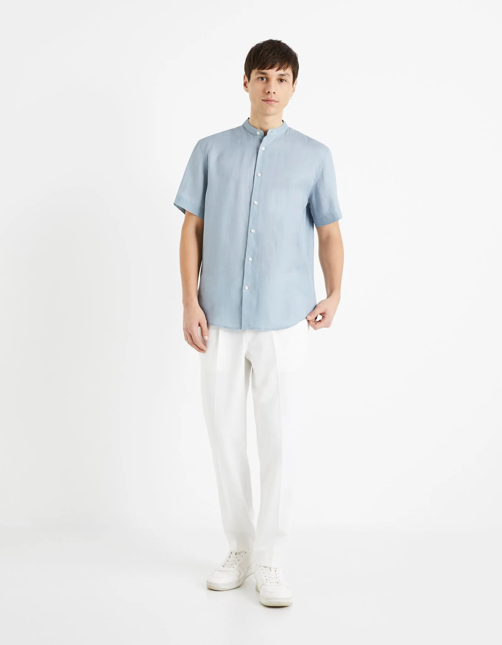 Regular shirt with mandarin collar, 100% linen