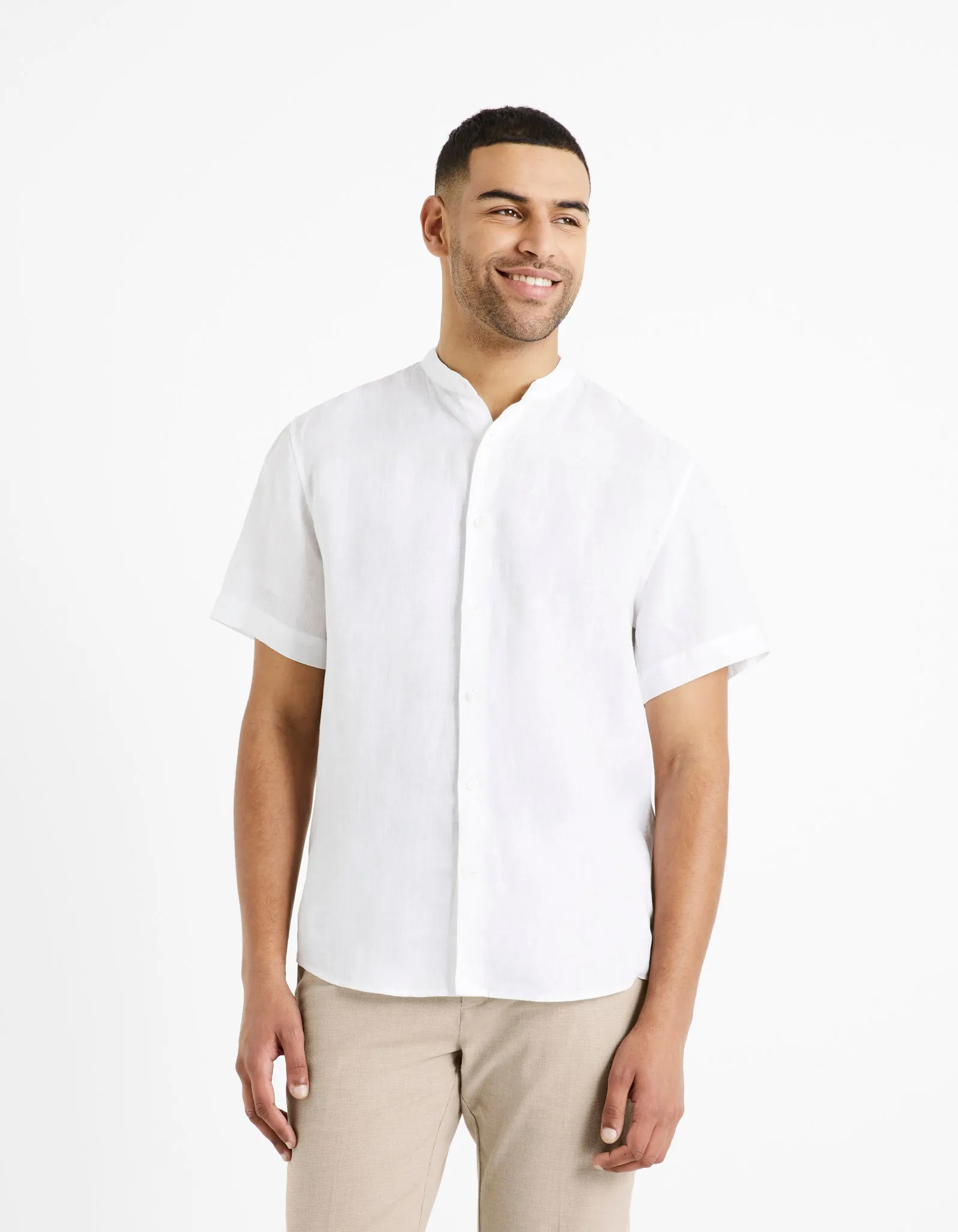 Regular shirt with mandarin collar, 100% linen