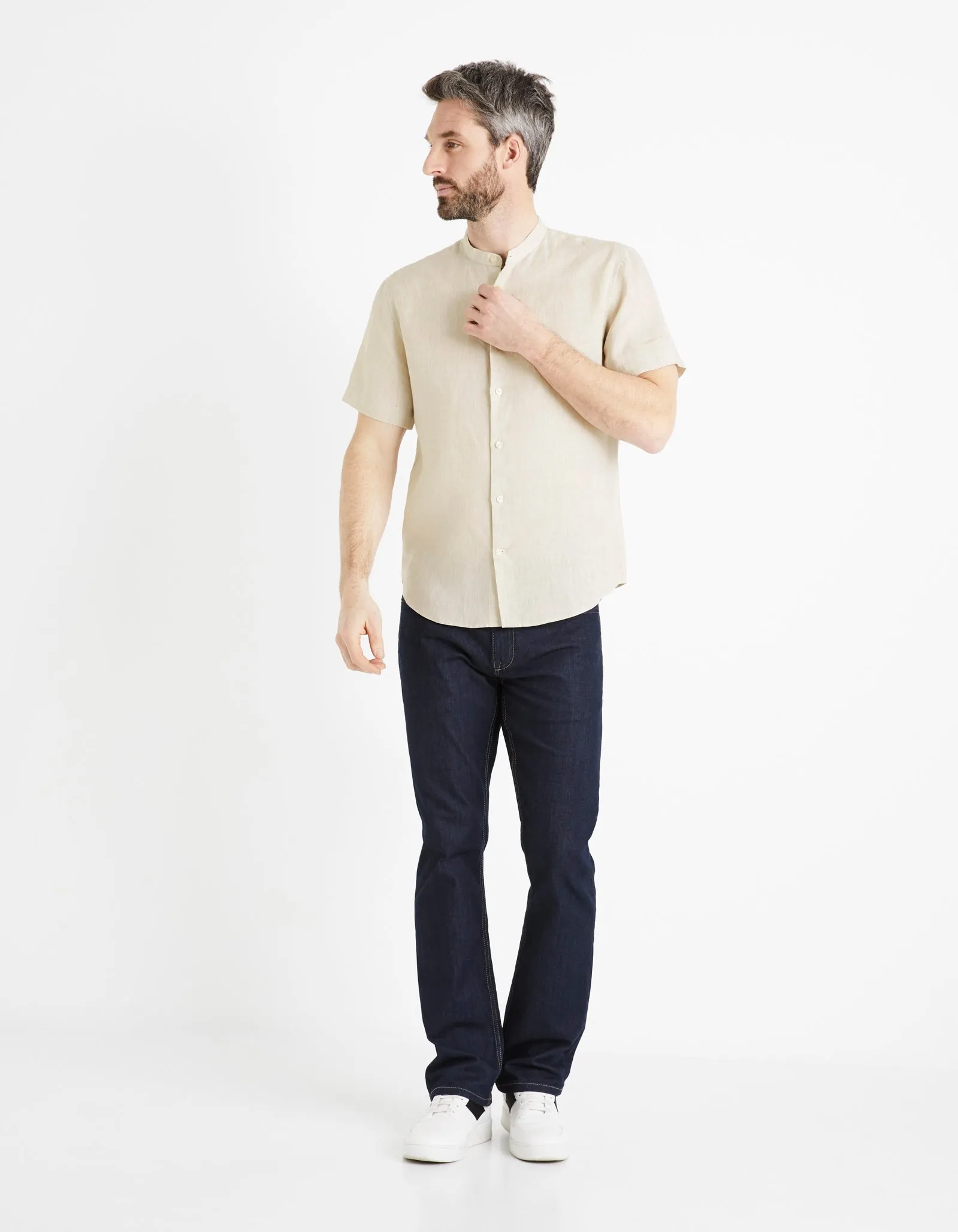 Regular shirt with mandarin collar, 100% linen