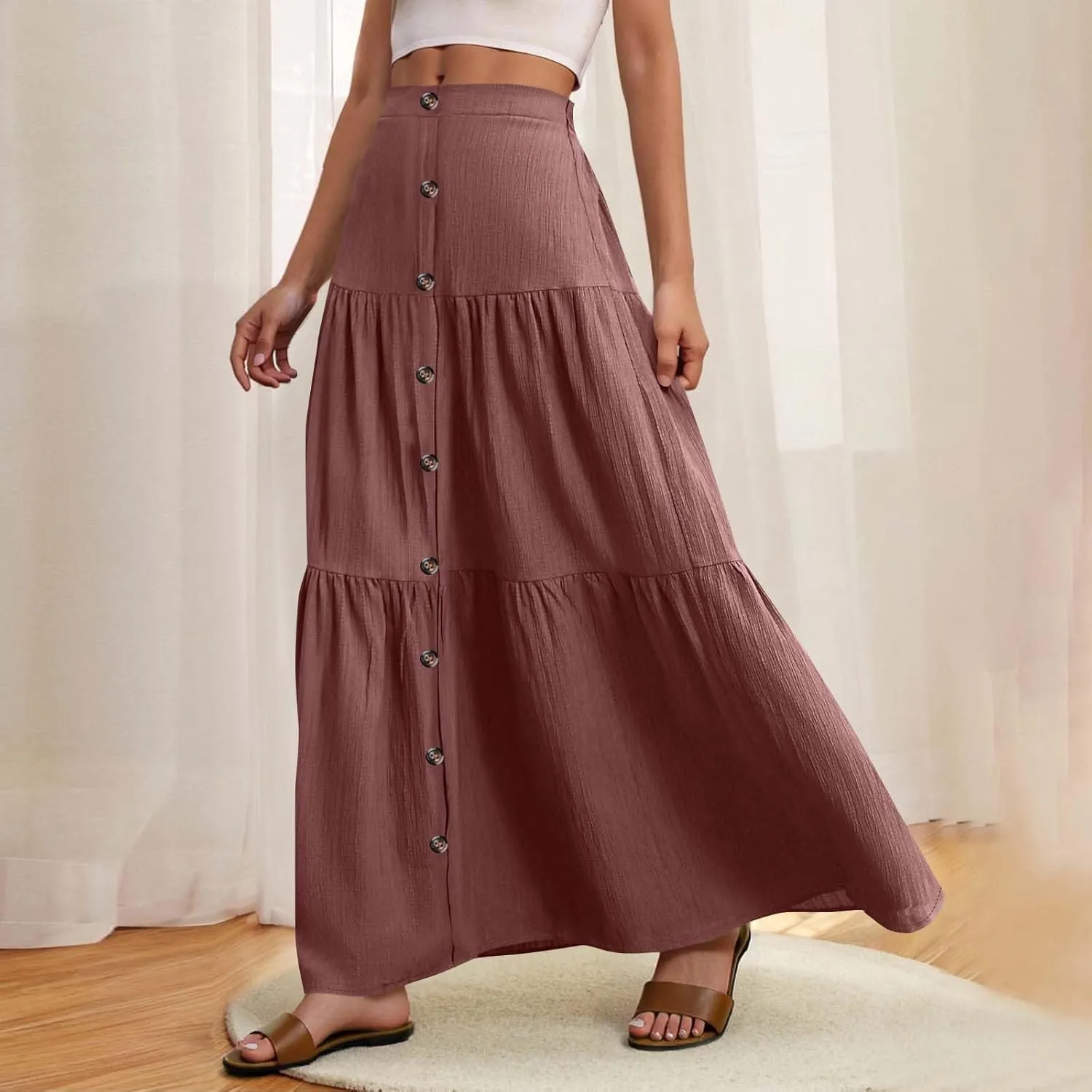 Skirts for Women Elastic High Waisted A Line Long Skirt Button Ruffle Tiered Maxi Skirt Summer Hiking Ankle Length Skirts