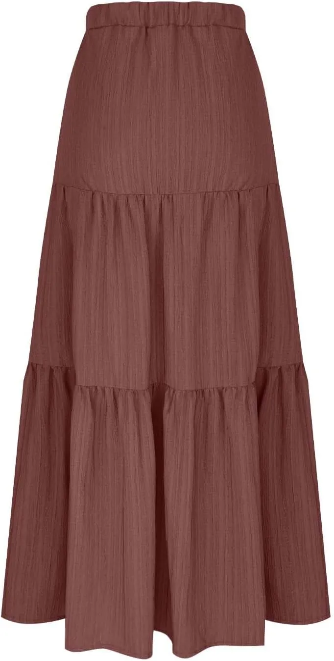 Skirts for Women Elastic High Waisted A Line Long Skirt Button Ruffle Tiered Maxi Skirt Summer Hiking Ankle Length Skirts