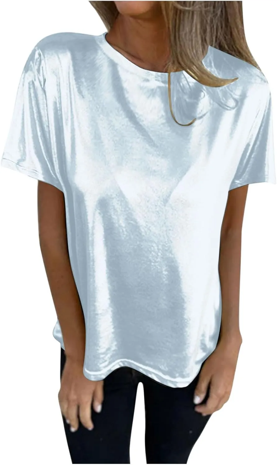 Summer T Shirts for Women Metallic Shiny Top Shiny Glitter Shirt Casual Round Neck Holographic Party Disco Club Tees
