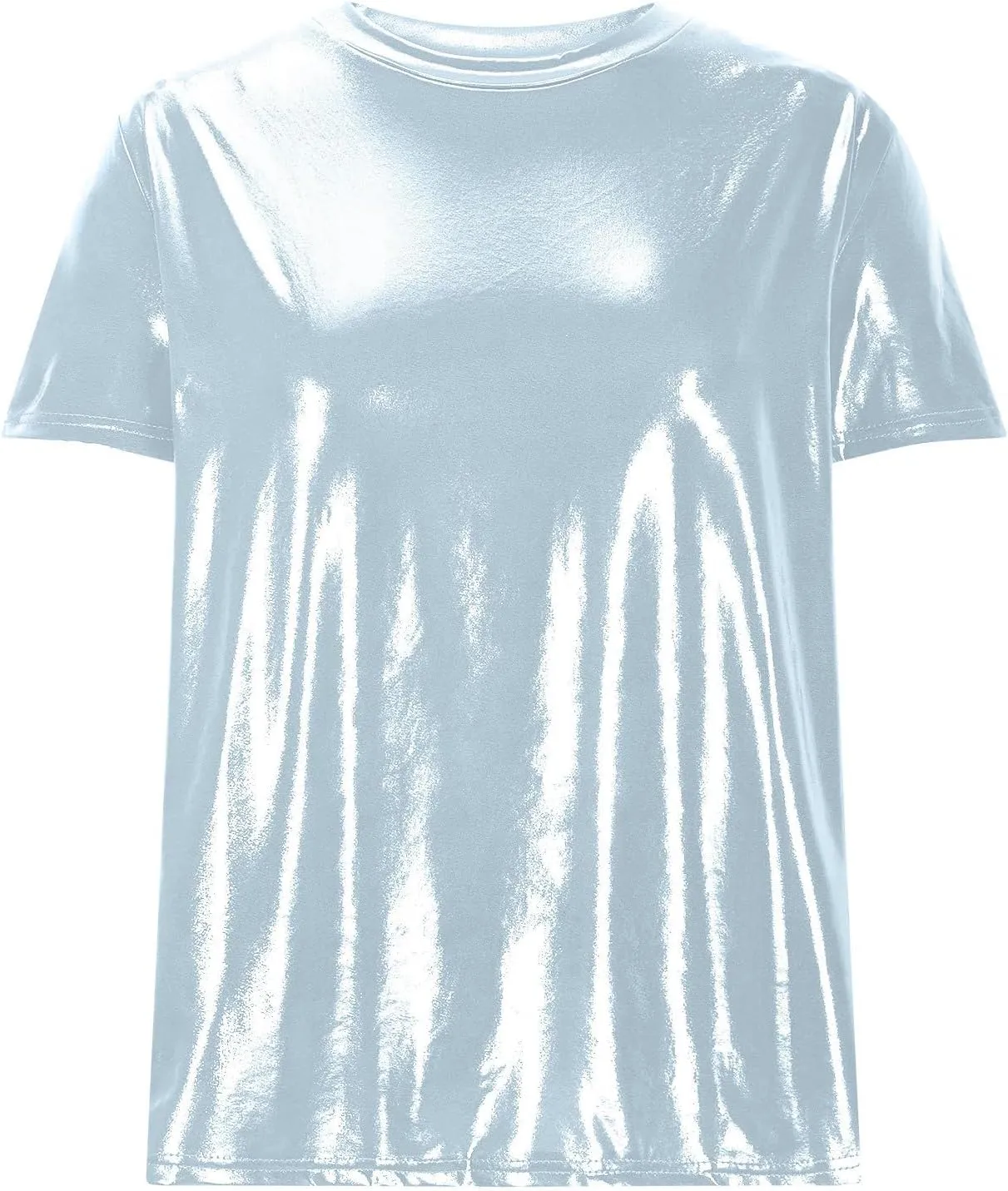 Summer T Shirts for Women Metallic Shiny Top Shiny Glitter Shirt Casual Round Neck Holographic Party Disco Club Tees