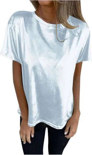 Summer T Shirts for Women Metallic Shiny Top Shiny Glitter Shirt Casual Round Neck Holographic Party Disco Club Tees