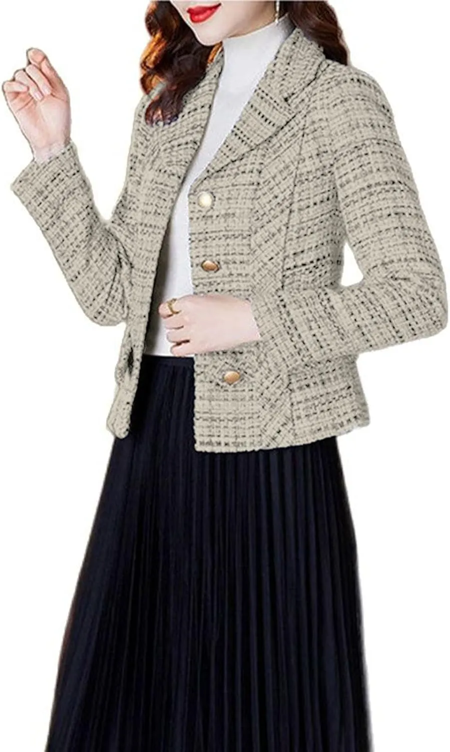 Tweed Plaid Blazers Jackets for Women Cropped Lapel Open Front 2023 New Fall Winter Fashion Work Office Outfit