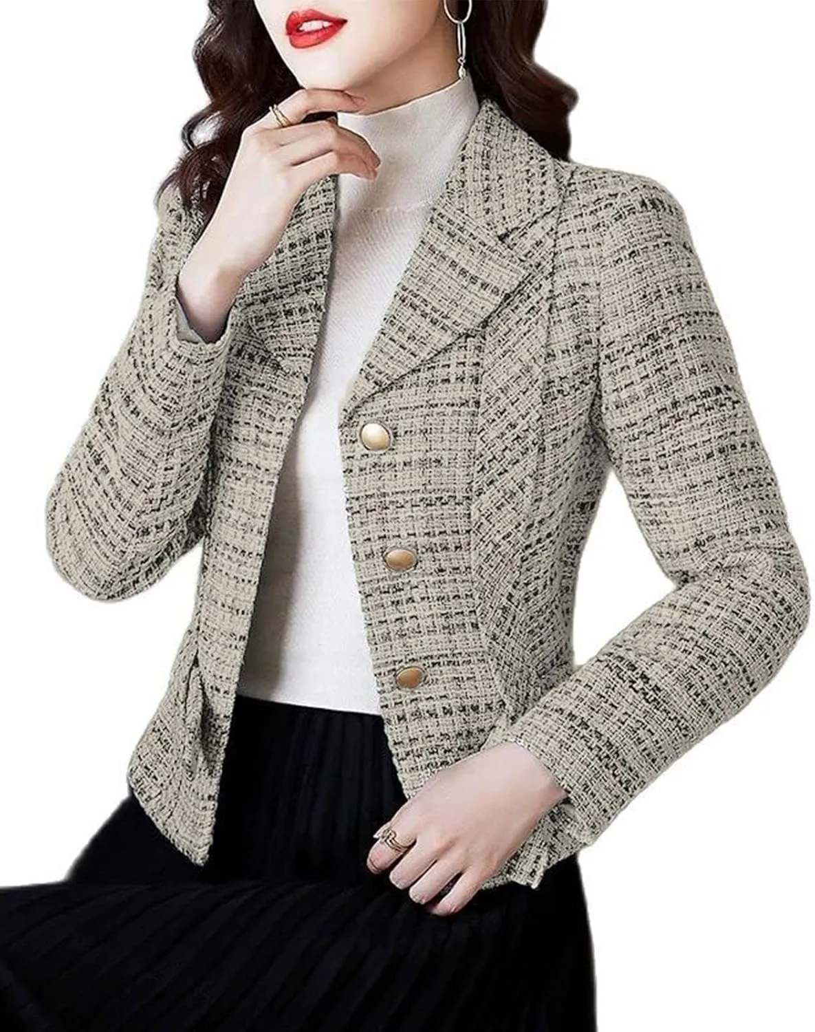 Tweed Plaid Blazers Jackets for Women Cropped Lapel Open Front 2023 New Fall Winter Fashion Work Office Outfit