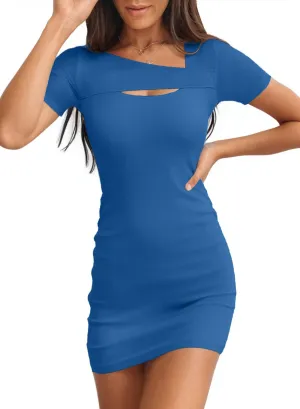 Valiamcep Women's Summer Mini Dress Short Sleeve Square Neck Cut Out Sexy Ribbed Knit Fitted Casual Pencil Bodycon Dresses