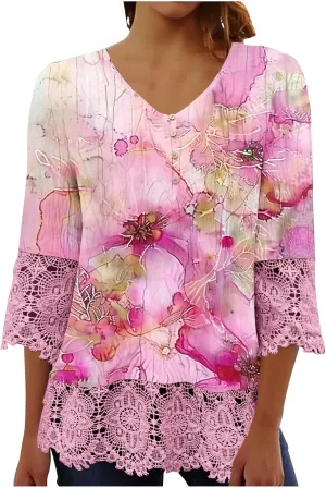 Womens 3/4 Sleeve Blouses Dressy Casual V-Neck Lace Crochet Tunics Shirts Loose Fit Button Ruffled Front Tops