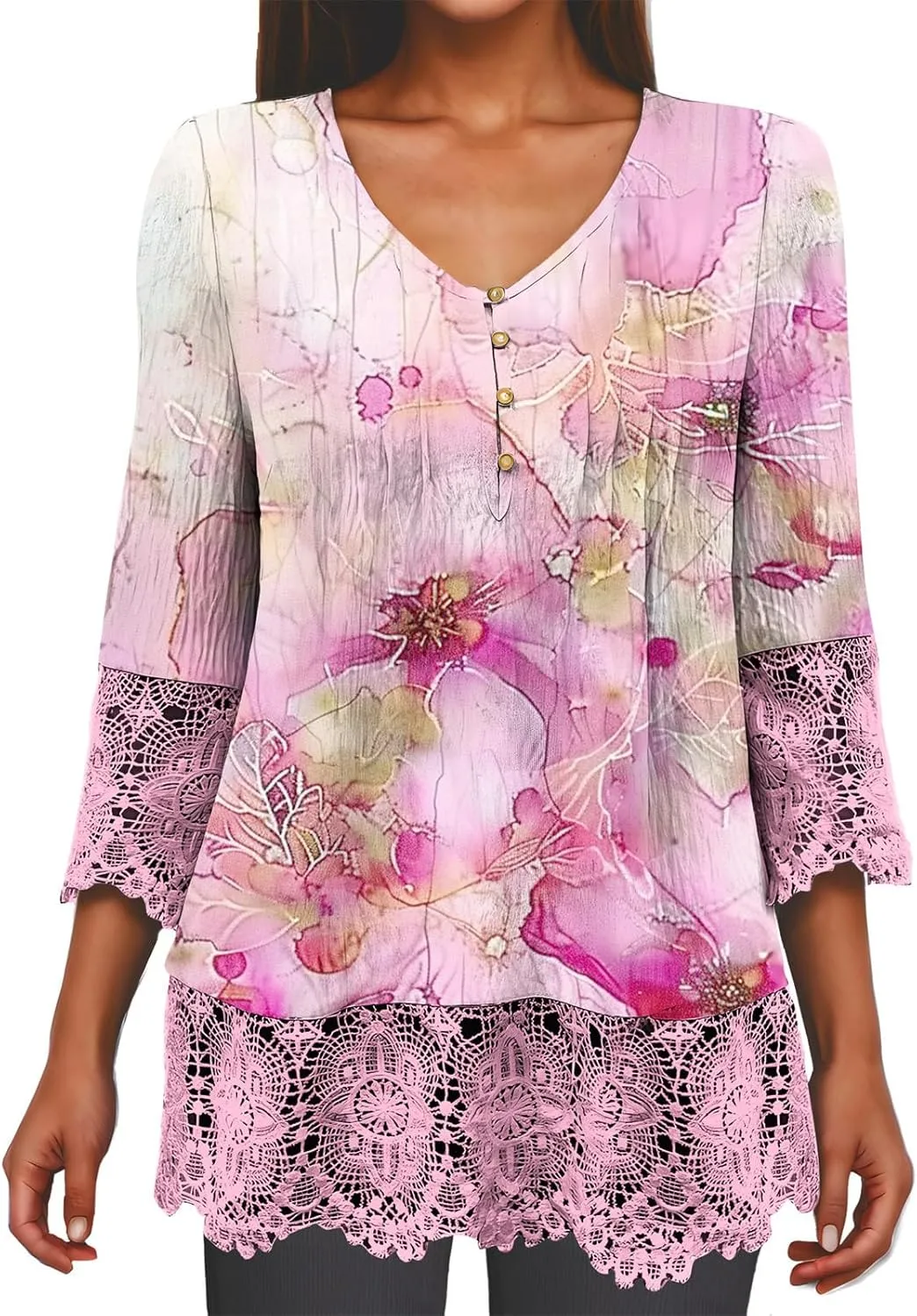 Womens 3/4 Sleeve Blouses Dressy Casual V-Neck Lace Crochet Tunics Shirts Loose Fit Button Ruffled Front Tops